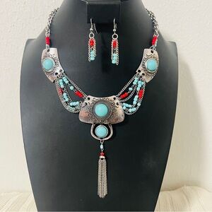 Artisan Silver Boho Chic Vintage Style Turquoise Tassel Necklace/Earrings NWOT